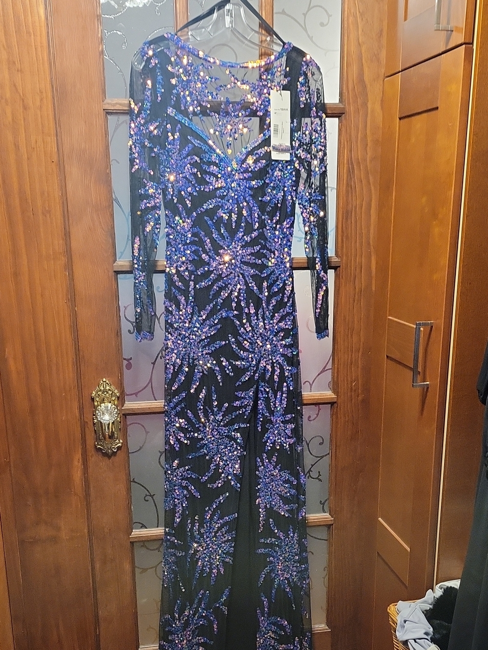 NWT Primavera Couture Black Maxi Gown with Purple Sequin Starburst